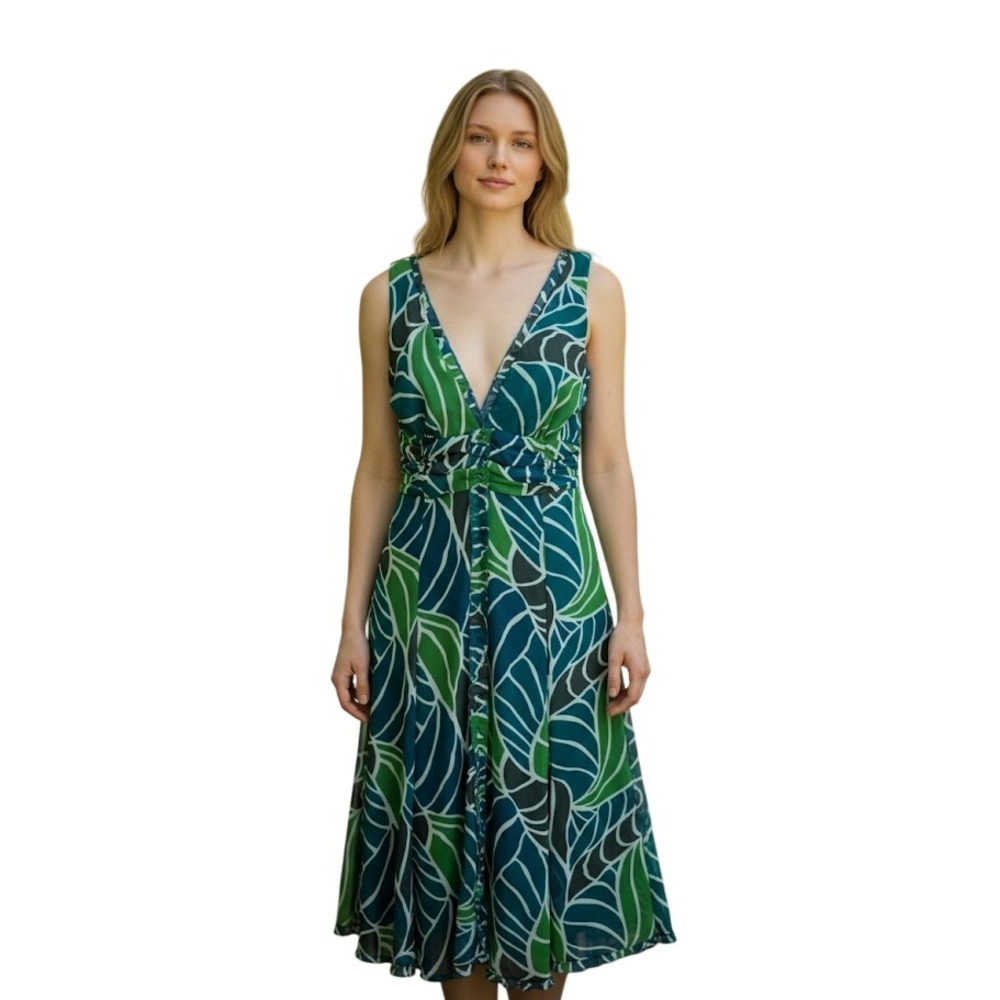 Jonathan Martin Midi Dress Womens 10 Tropical Resort Vacation Leaf Ruffle Neck